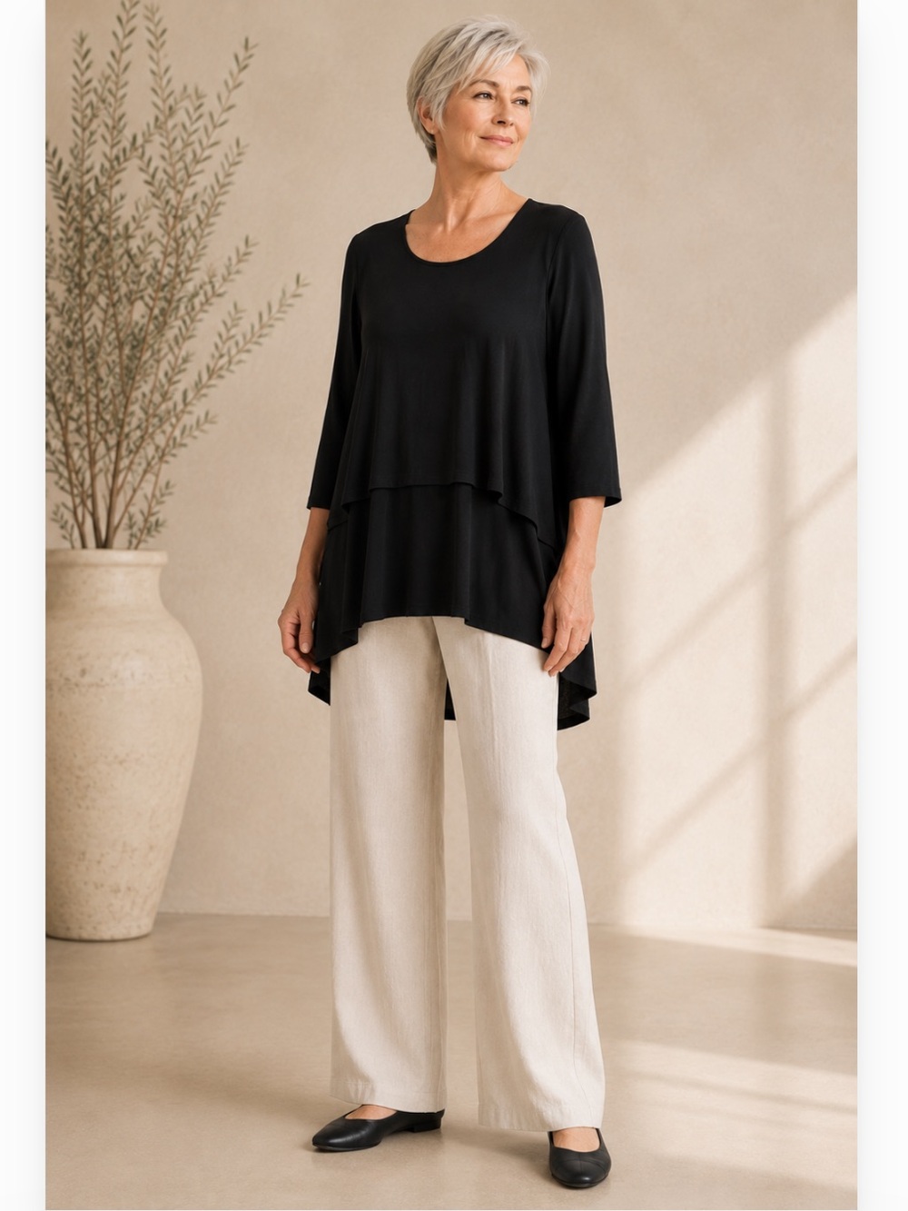 Sympli Black Layered Tunic Top 3/4 Sleeve Hi Low Stretch Size 12
